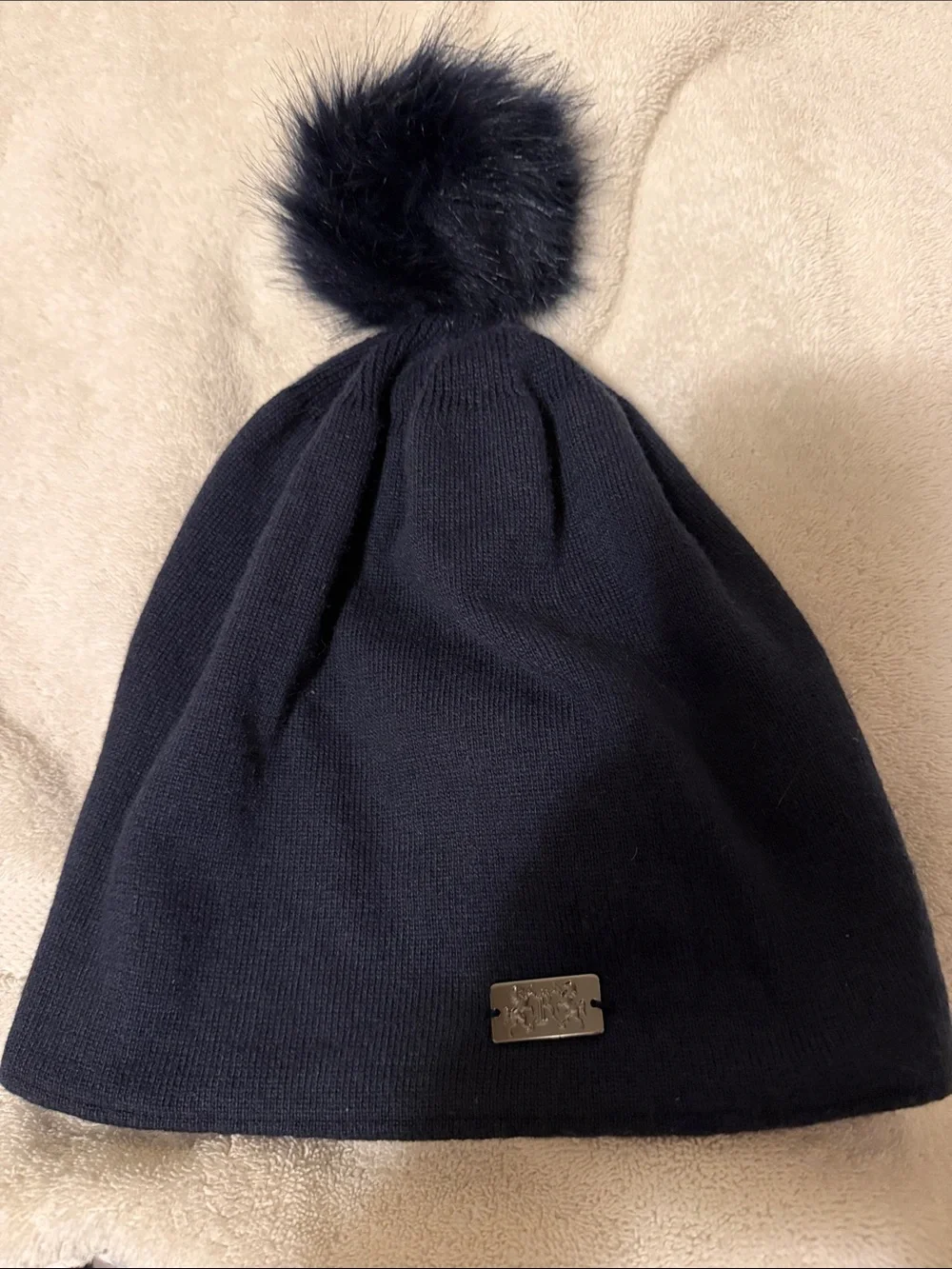 Women's Navy Knit Pom Pom Beanie with Metal Logo